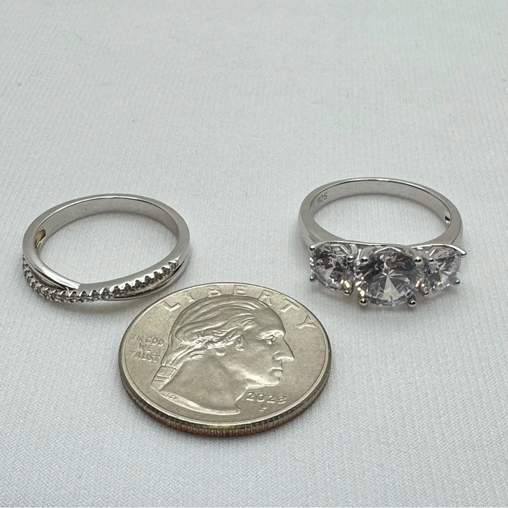 925 Sterling Silver CZ 3 Stone Engagement Ring Set Size 8